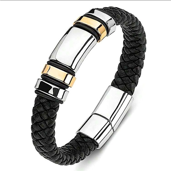 BLACK STAINLESS STEEL LEATHER BRACELET SILVER AND GOLD - Picture 1 of 3